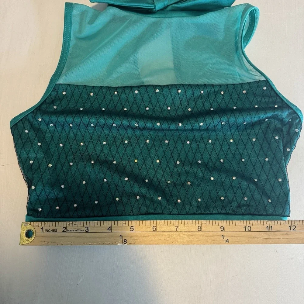 Weissman Elite Dance Costume SA Rhinestones & Ostrich Feathers Teal Bow 2pc Set